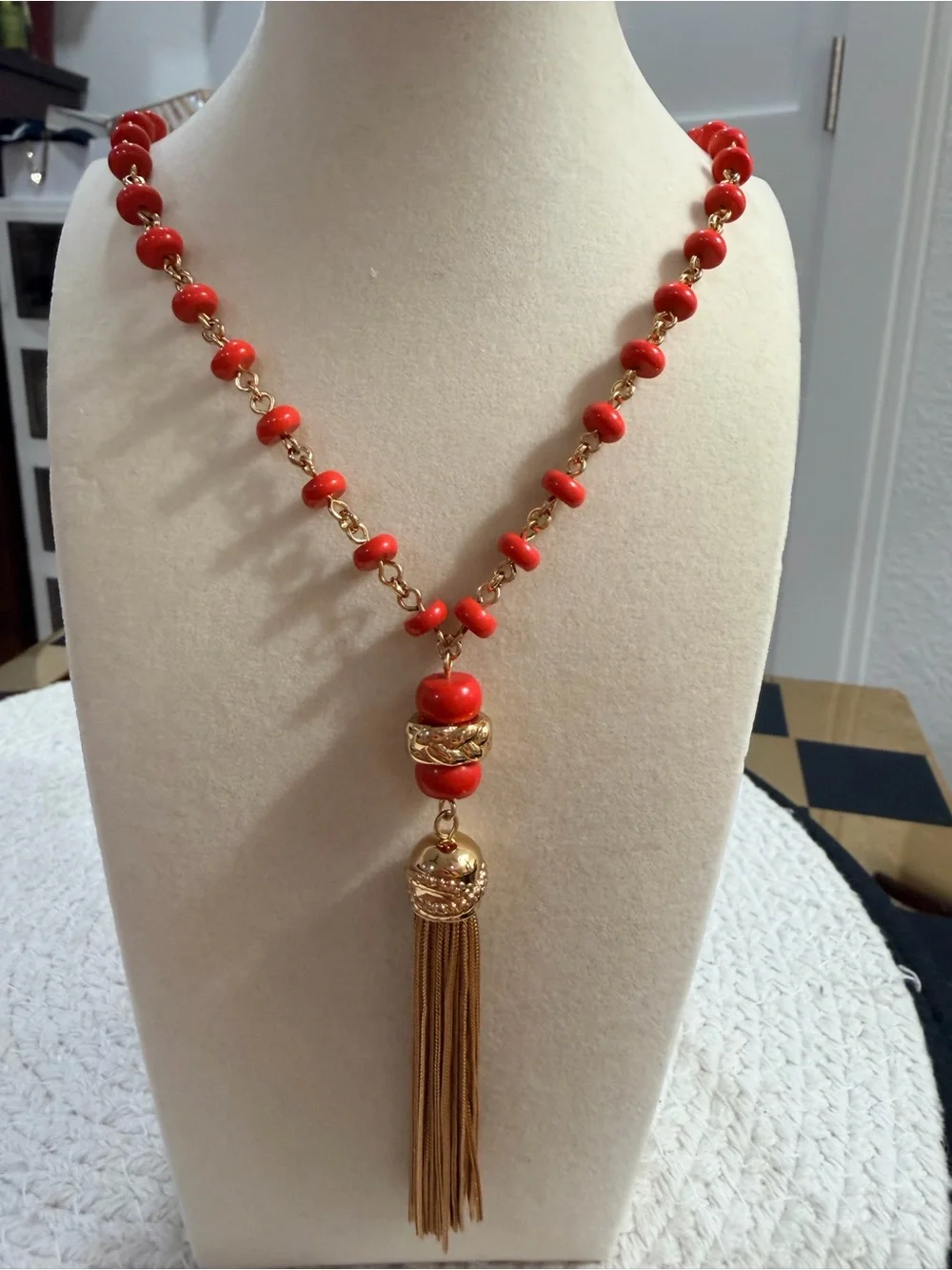Tory Burch Gold Tone/Long Orange Necklace With Tassel + Dust Bag